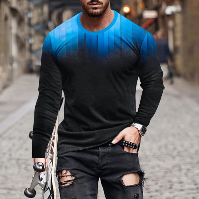 AherBiu Chemises à Manches Longues pour Hommes Grande Taille Col Rond Chandail Automne Hiver Dégradé Athlétique Course Extérieur