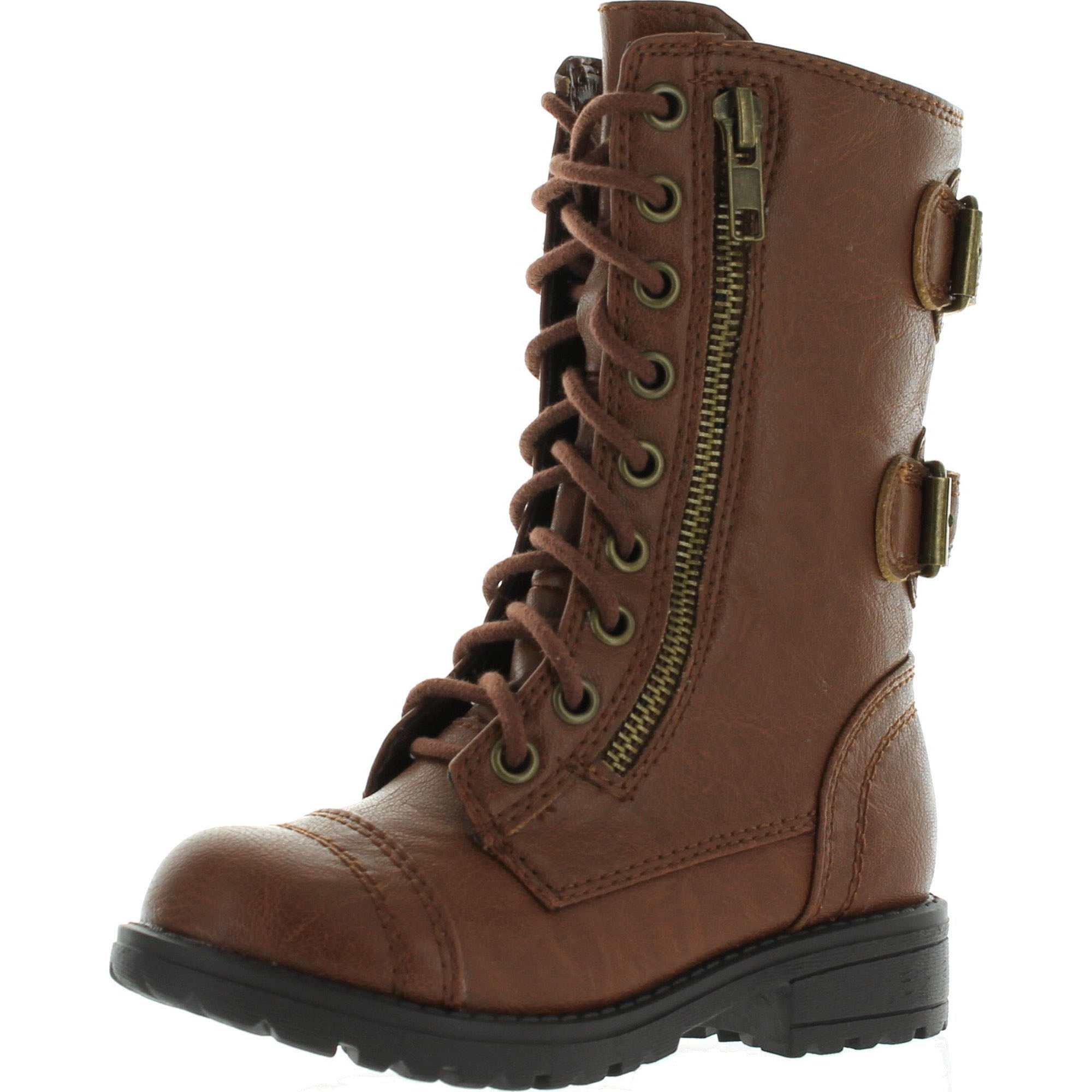 Girls Kids Lace Up Military Combat Boot Happy Soda Dome Black Tan Brown Beige 