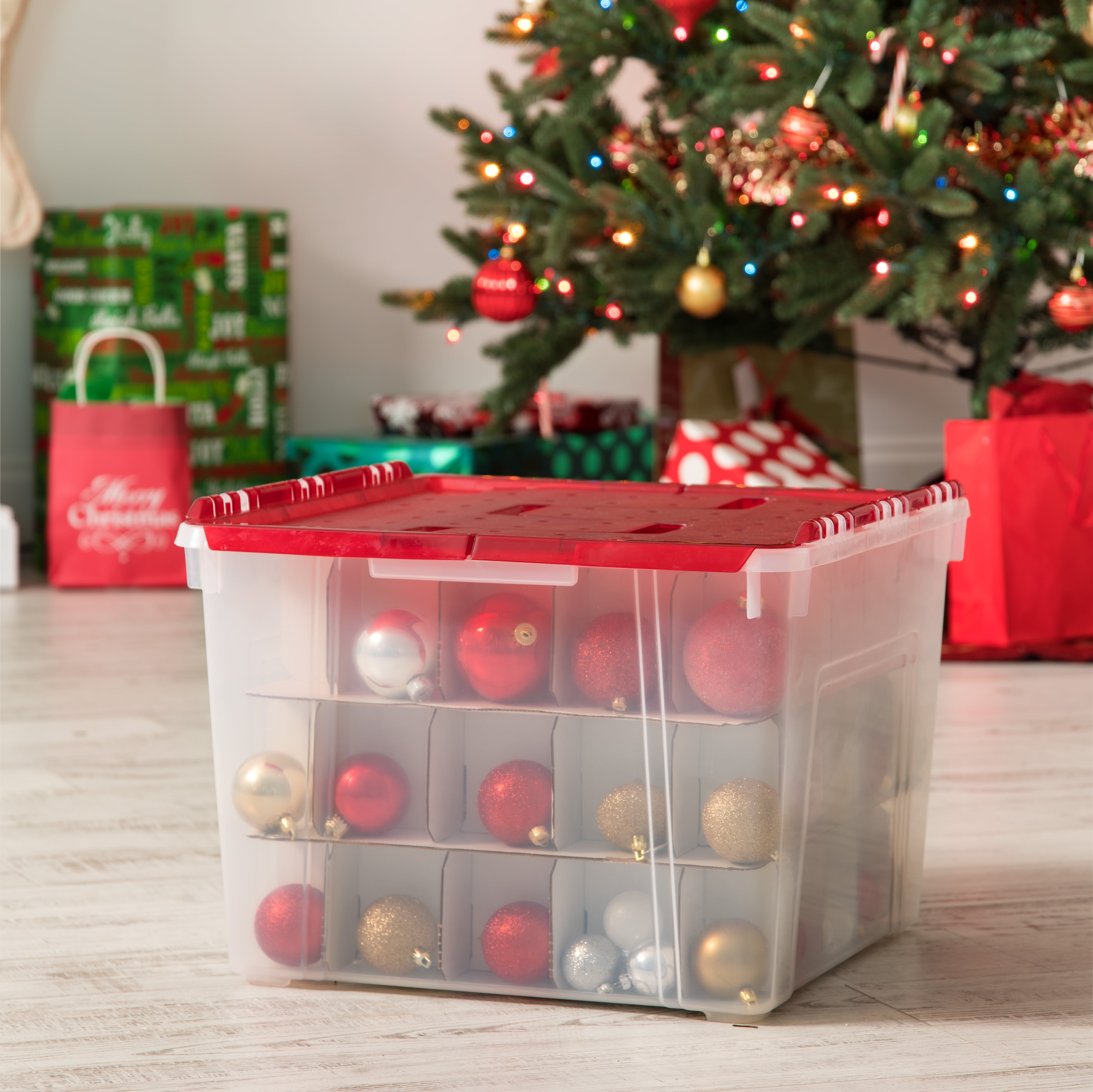 IRIS USA 2Pack 60qt Plastic Christmas Ornament Storage Box with Hinged Lid  and Dividers, Red, Holiday Color 