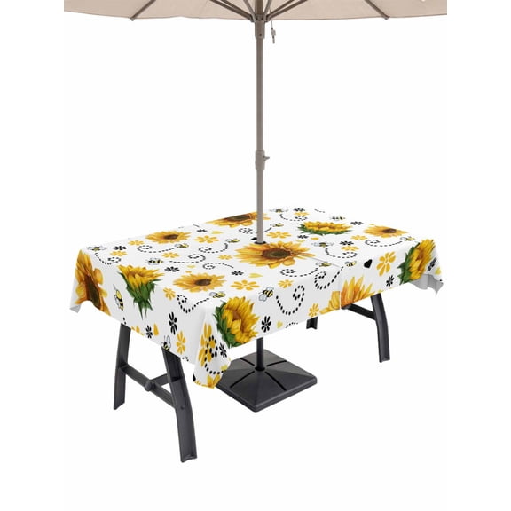 Outdoor Tablecloth with Umbrella Hole and Zipper, Sunflower Rectangle Table Cloth 52x70 Inch Waterproof Tablecloth, Summer Botanical Farmhouse Floral Elegant Picnic Table Cover for Patio Camping