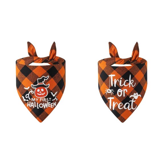 2Pcs Halloween Dog Bandana with Plaid Pumpkin Scarf for Small Medium Dogs and Cats, Adjustable Breathable Polyester Accessory for Holiday Party Photo Prop and Trick or Treat Outing