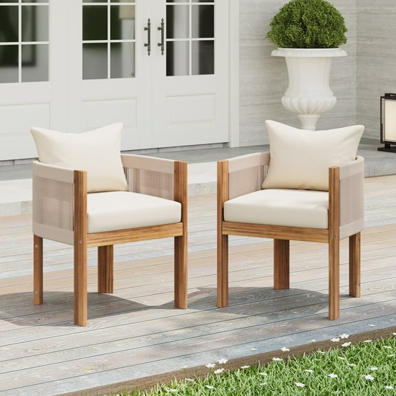 Christopher Knight Home Coastal Outdoor Woven Rope Outdoor Lounge Chairs, Solid Wood Frames, Set of 2, Beige Cushions