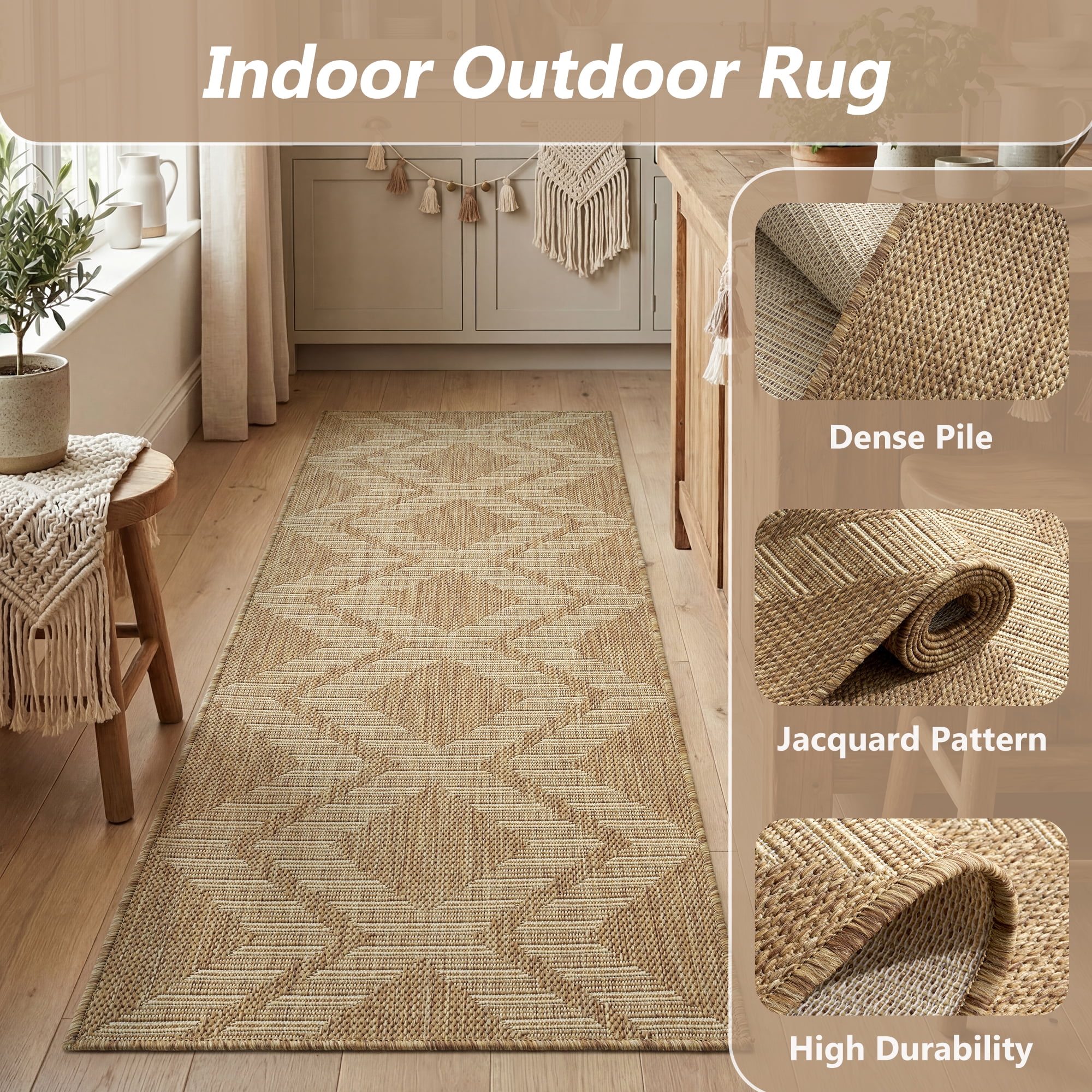 SIXHOME Outdoor Rugs 2'x8' Runner, Bohemian Geometry Patio Rug, Indoor Outdoor Polypropylene Weave Textured Carpet, Water-Resistant, Quick-Dry Rug for Porch, Balcony, RV, Garden, Neutral Brown