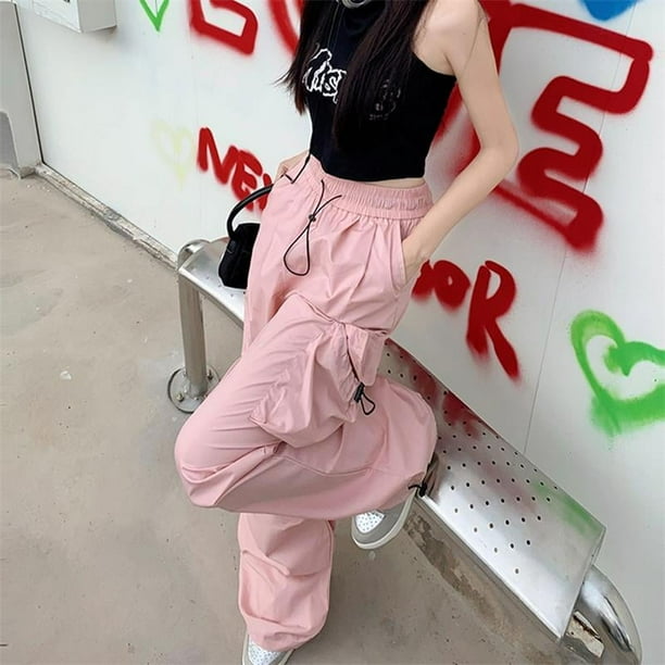 Pantalones negros de paracaídas Y2K para mujer, ropa de calle Hippie, pantalones Cargo de gran tamaño con bolsillos, pantalones de chándal holgados de pierna ancha Harajuku