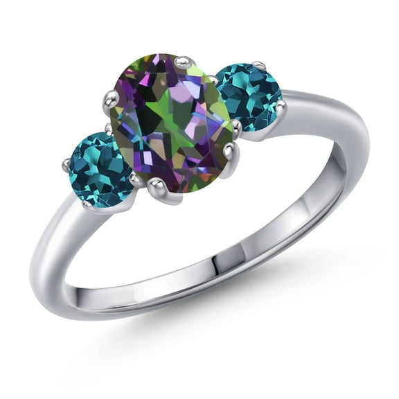 Gem Stone King 2.24 Ct Oval Green Mystic Topaz London Blue Topaz 925 Sterling Silver Ring (Size 9)