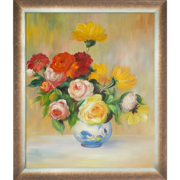 La Pastiche Pierre-Auguste Renoir 'Vase of Roses and Dahlias' Hand Painted Oil Reproduction