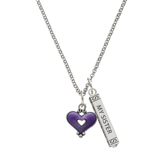 Delight Jewelry Silvertone Hot Purple Enamel Heart with Cutout Silvertone Always My Sister Bar Charm Necklace, 23"