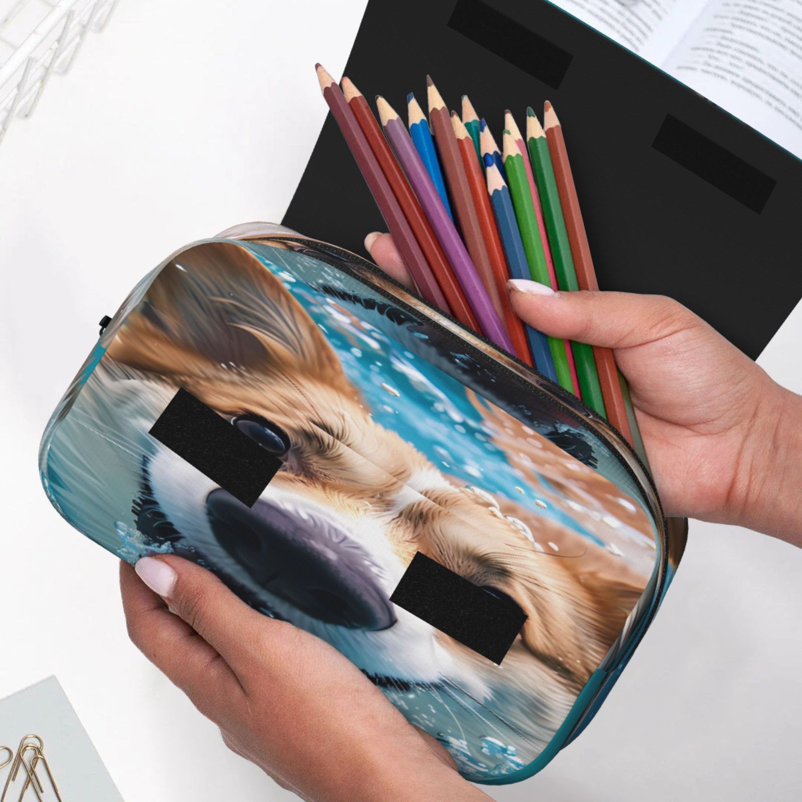 Rateoe Sea Swimming Corgi Pattern Double Clamshell Pen Case, Storage Organizer with Two Zipper Compartments– Holds Up to 50 Pencils & Pens