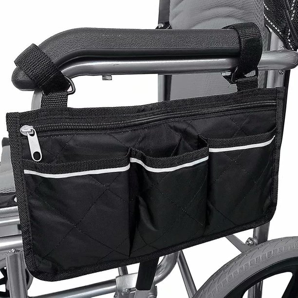 Bolsa para silla de ruedas (negra, 32,5 x 18 cm) con bolsillos, bolsa para reposabrazos lateral de silla de ruedas, bolsa de almacenamiento para accesorios de silla de ruedas y scooter de movilidad