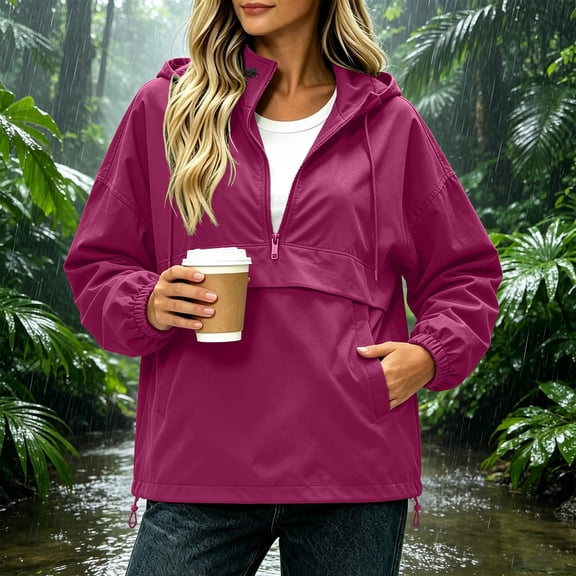 Trikvn Anorak Jacket Women Hooded Removable Half Zip Lightweight Pullover Windbreaker with Pockets Long Sleeve Loose Outdoor Rain Coat for Hiking