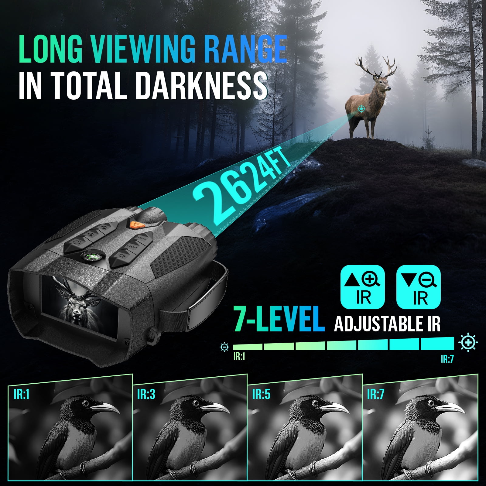 BNISE 4K Night Vision Goggles for Adult-2624FT Infrared Night Vision Binoculars 10X Digital Zoom,Tactical Light,5000mAh Large Battery 32GB TF Card 3'' HD Screen for Outdoor Camping & Security