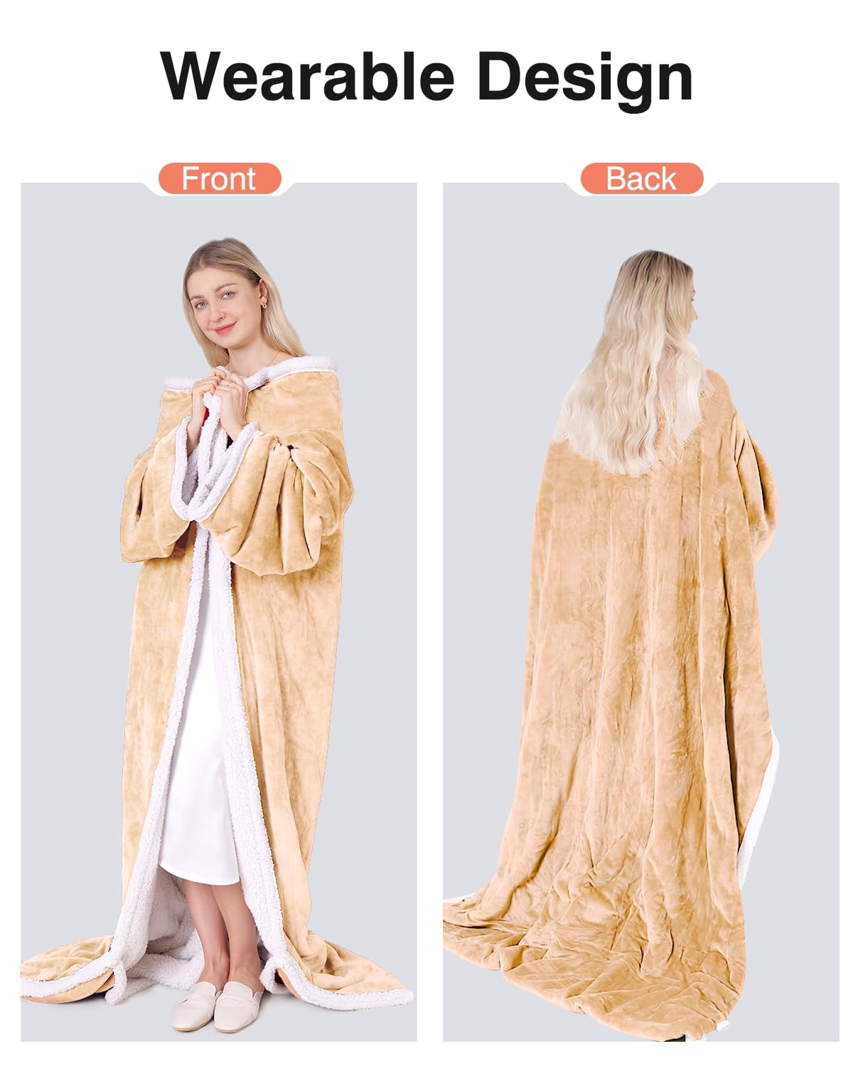 Ocuuziisu Wearable Heated Throw Blanket with Pockets, 50" x 70" Flannel and Sherpa Electric Wrap Poncho Shawl, 4-Hour Auto Shut Off, Machine Washable, Beige