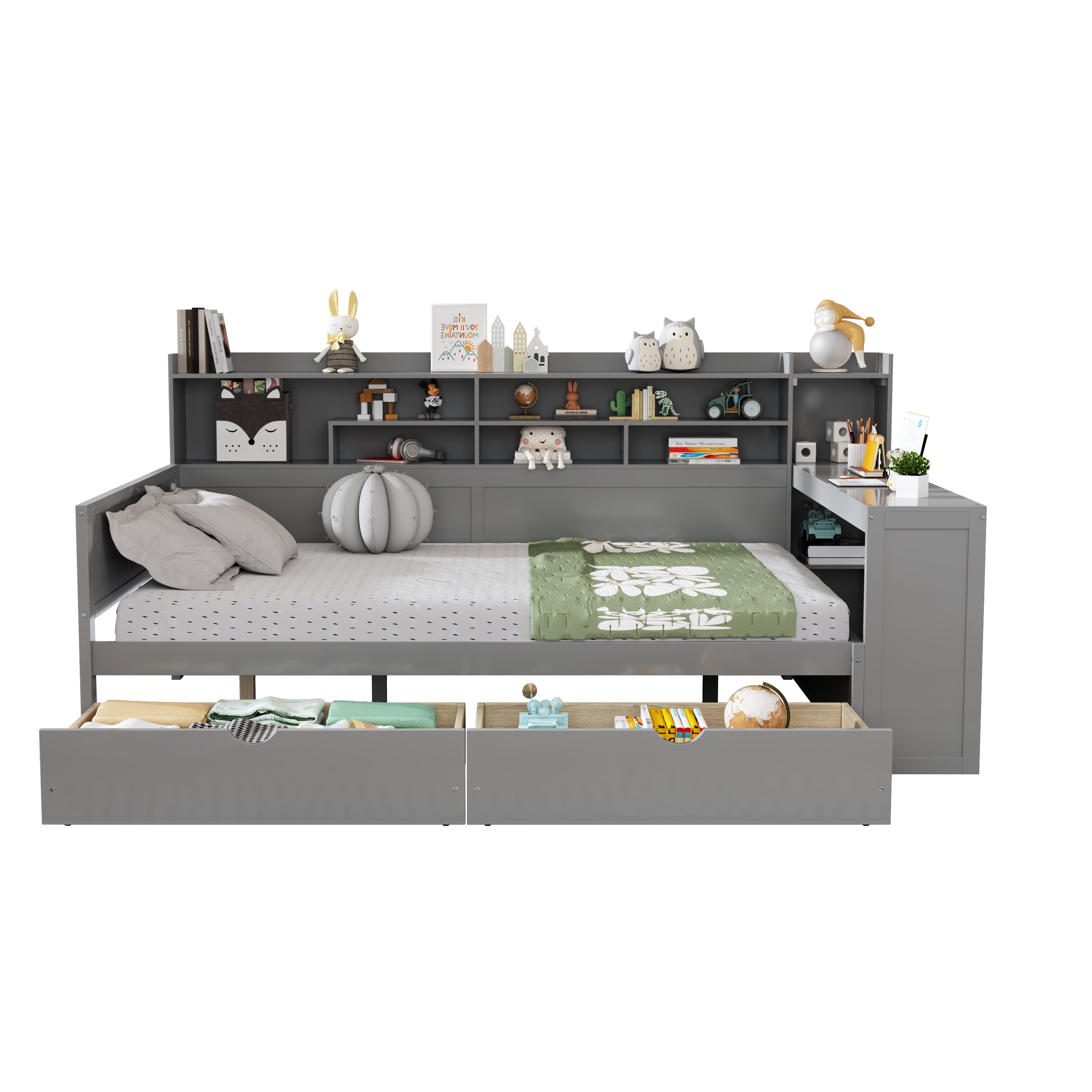 Euroco Wood Full Size Daybed with Storage Shelves Drawers and Desk, Gray