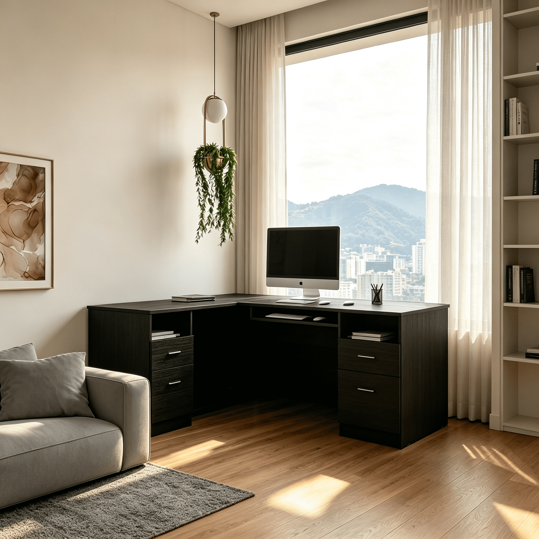 Asteroutdoor L-Shaped Desk with Keyboard Tray, Two Drawers, and Open Shelf, Black