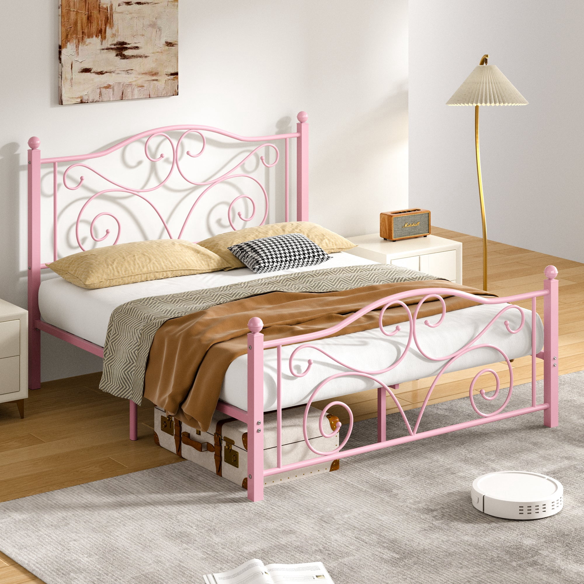 VECELO Full Size Bed Frame with Butterfly Shaped Headboards and Footboard, Metal Platform Bed Frame/Mattress Foundation, No Box Spring Needed, Easy Assembly, Pink