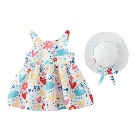 vdgthytj Toddler Girl Summer Dress Infant Baby Casual Clothes Sleeveless Cute Printed Beach Sundress with Hat