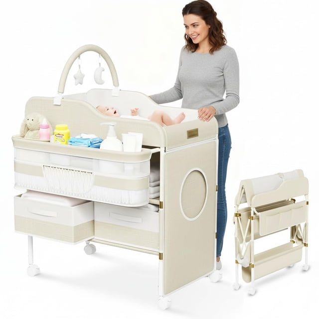 Cambiador para Bebe Plegable, Estación de Cambio de Pañales Impermeable, con Ajustable en 3 Alturas, 2 Cajones, Canasta de Almacenamiento, Estante para Juguetes, 360°Ruedas (Beige)