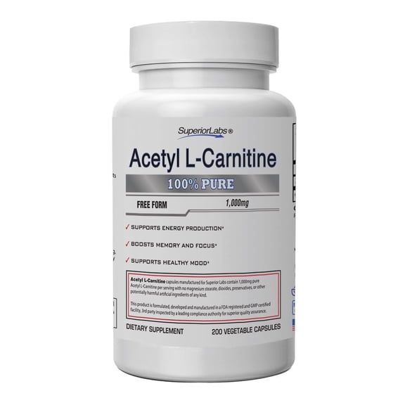 Superior Labs Acetyl-L-Carnitine - 100% Pure, Vegetable Capsules, 1,000mg, Gluten-Free, 200 Count