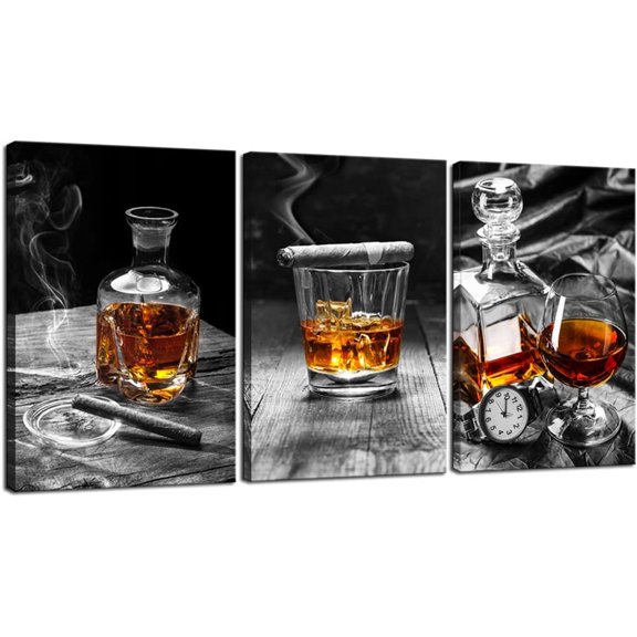 Hieng - Large 3 Piece Canvas Prints Wall Art Cigar Whisky Pictures Canvas Art Liquor Still Life Painting Giclee Print on Canvas Modern Kitchen Pub Western Wall Decor Unframed