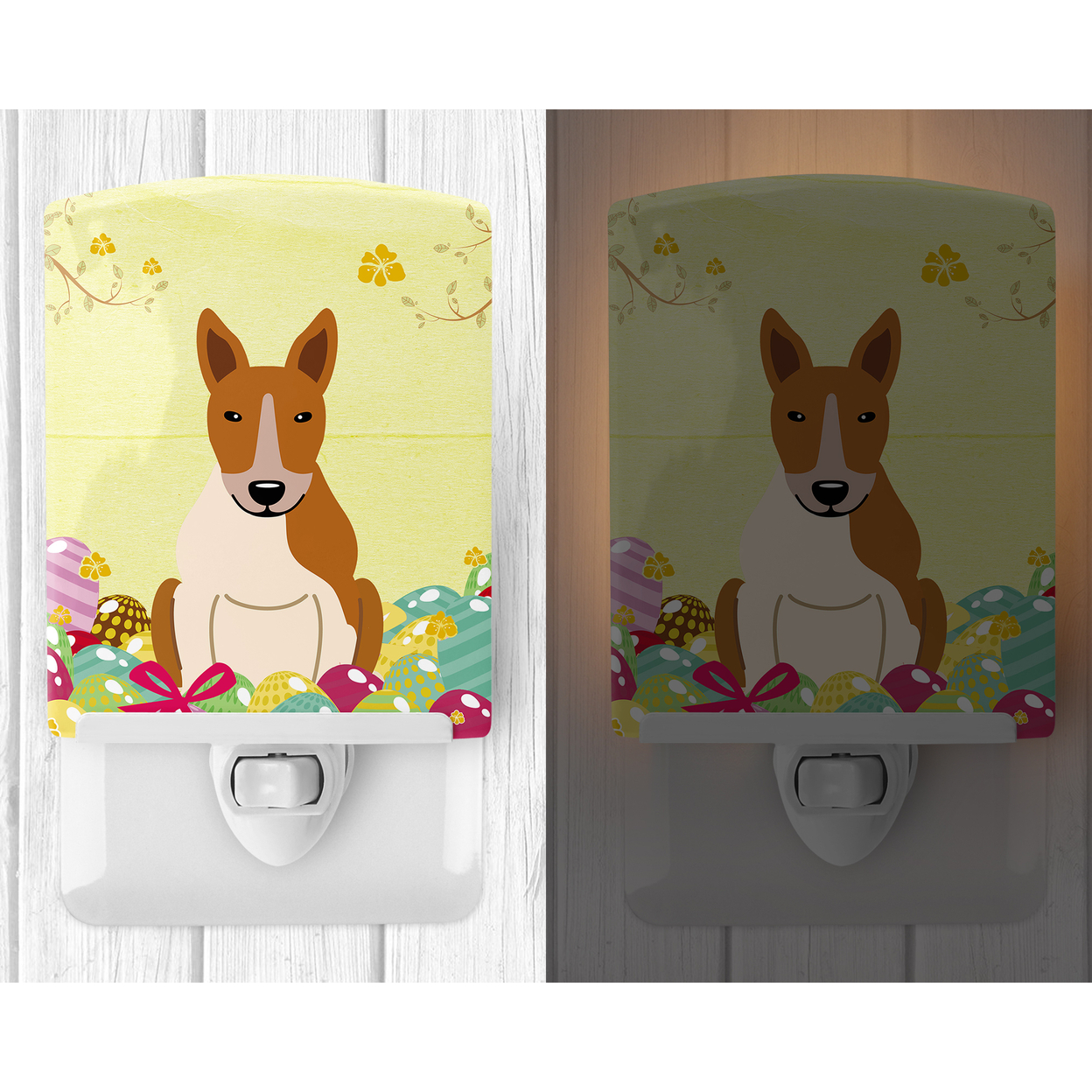 Caroline's Treasures BB6135CNL Easter Eggs Bull Terrier Red White Ceramic Night Light, 6x4x3", multicolor