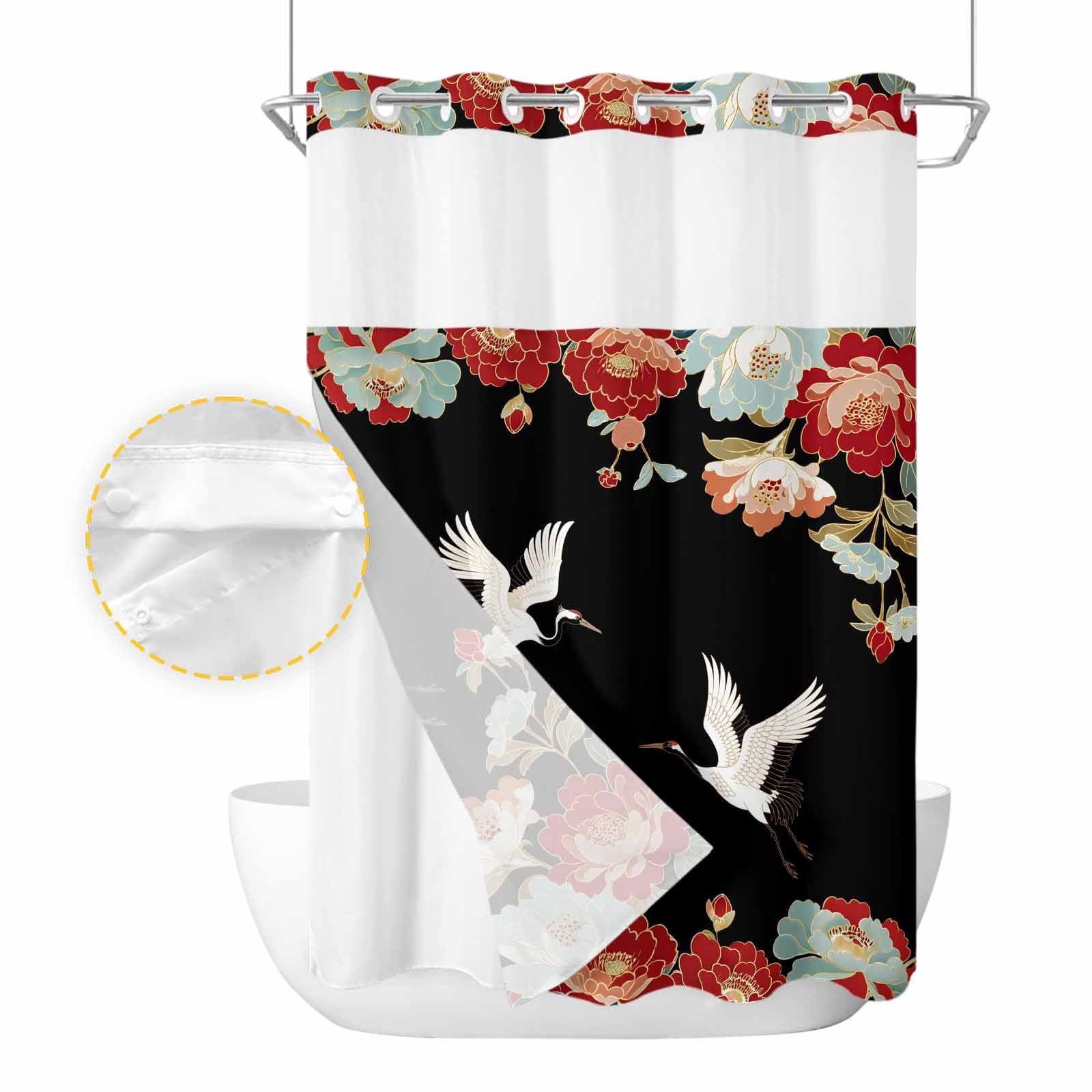 No Hook Shower Curtain with Snap in Liner, Japanese Cranes Peony Waterproof Fabric Bathroom Curtain Mesh Top Window, Country Animal Plants Shower Curtains 48x72in