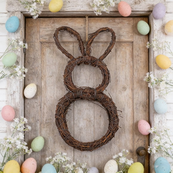 Todaioua Easter Bunny Wreath Double Circle Wicker Spring Home Decor Holiday Decoration for Door Wall Table Mantel Indoor Outdoor Home Garden Decor Floral Accent Colorful Festive Ornament, Brown