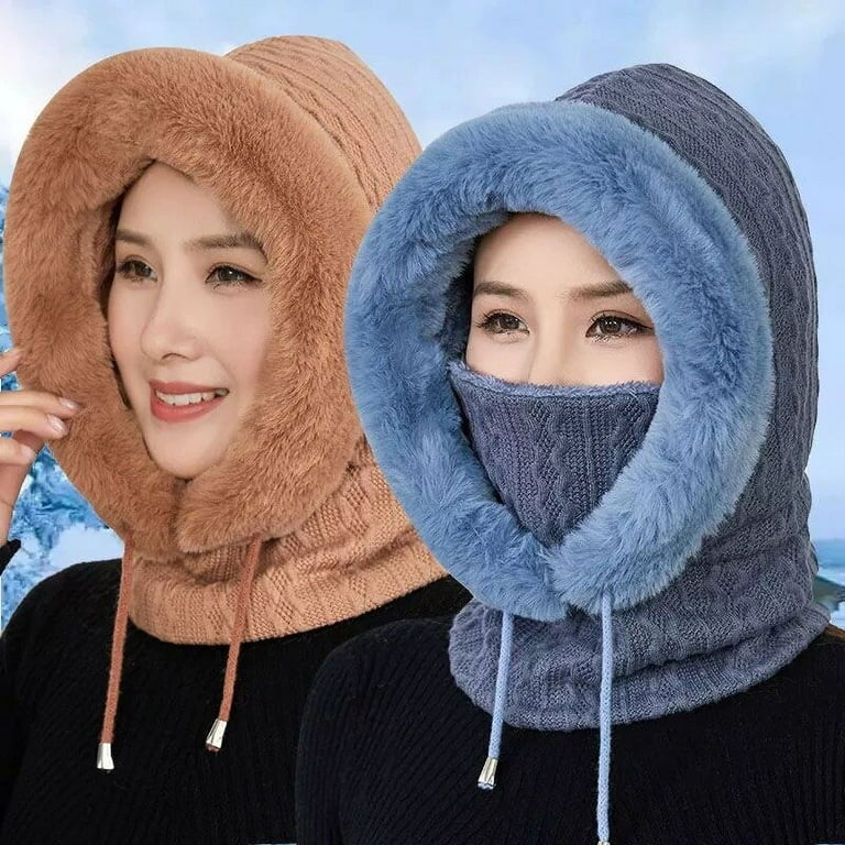 Thicken Fleece one-piece Hat Women Knitted Fluffy Cap Scarf Mask