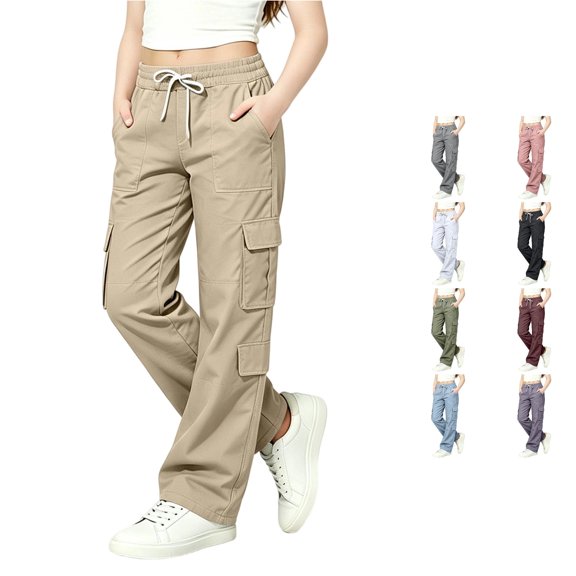 Girls Casual Trousers with Elastic Waistband Soft Comfortable Straight Leg Pants for Kids Everyday Wear