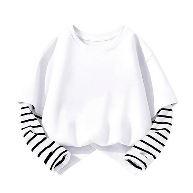 LIJCC Chemises à Manches Longues pour Filles en Coton Mélangé, Col Rond, Décontractées, à Blocs de Couleur, Amples, Rayées, Patchwork, Blouses, chandail-Overs Basiques d'Automne