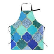 TEQUAN Adjustable Waterproof Apron with Pockets, Morocco Style Blue Texture Printed Cooking Kitchen Cleaning Baking Aprons