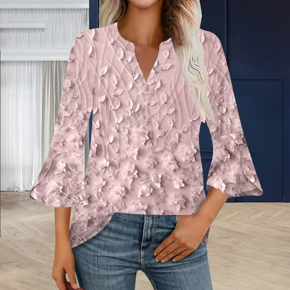 Women's Long Sleeve T-shirt 3/4 Length Sleeve Womens Tops V Neck Spring Shirts 2025 Petal Bell Sleeve Plus Size Boho Ethnic Style Tee Shirts,Pink Women's Long sleeve T-shirt XXL
