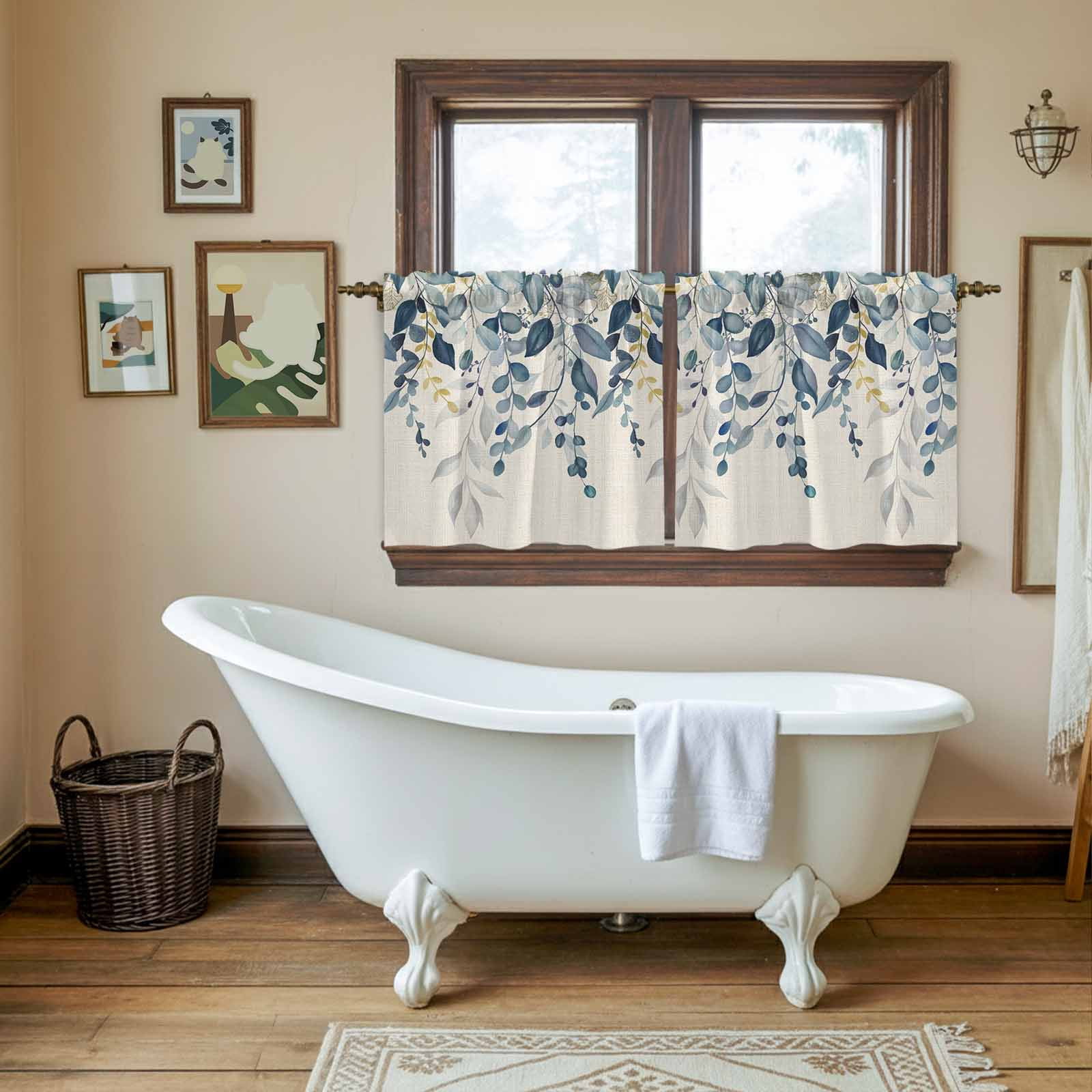 Navy Blue Eucalyptus Tier Curtains 36 Inch Length, Farmhouse Weeping Leaves Linen Cafe Short Curtains for Bathroom Over Sink, Small Kitchen Curtain Light Filtering Tiered Drapes 2 Panels 27.5"Wx36"L
