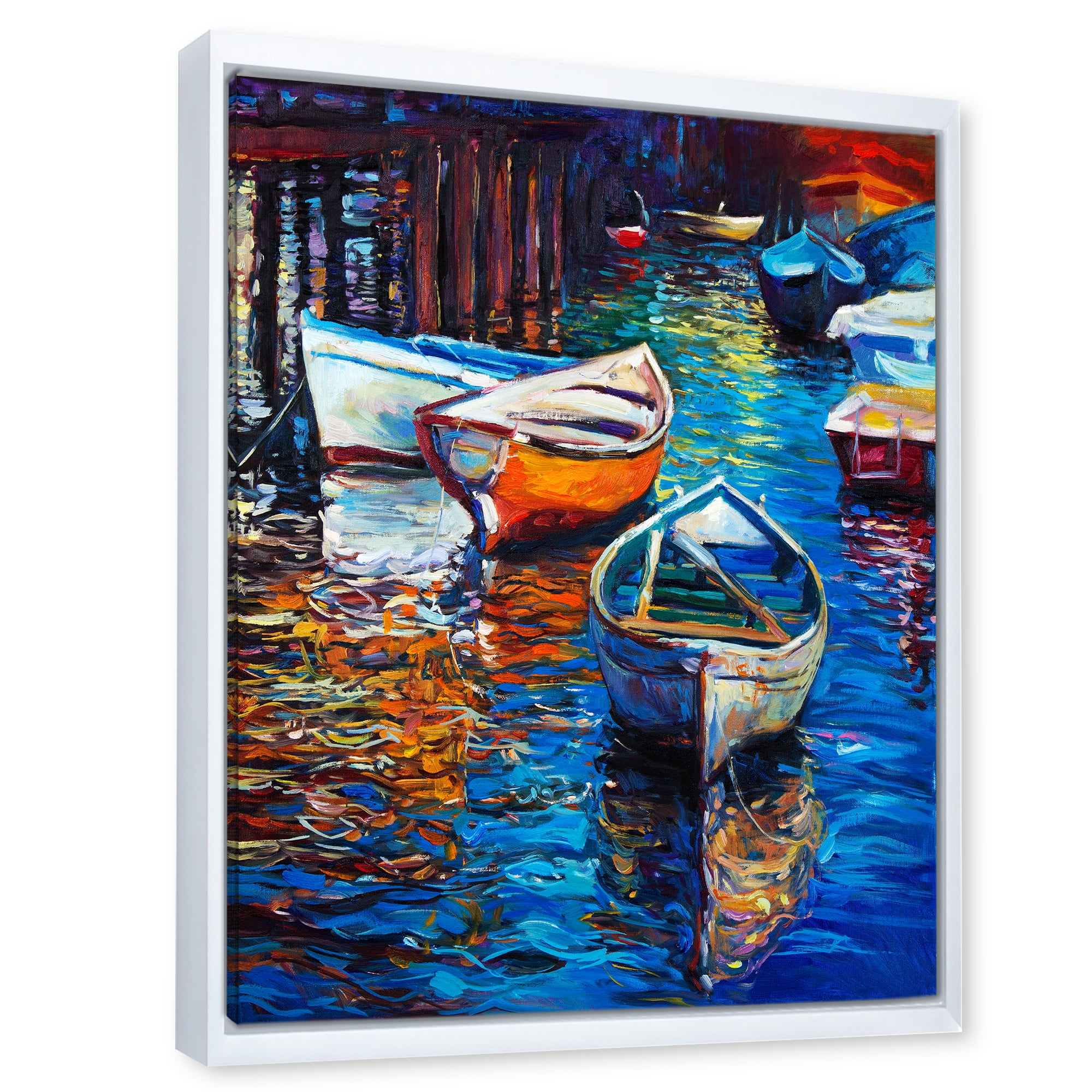 Designart 'Boats During Warm Sunset Resting On The Water X' Nautical & Coastal Framed Canvas Wall Art Print