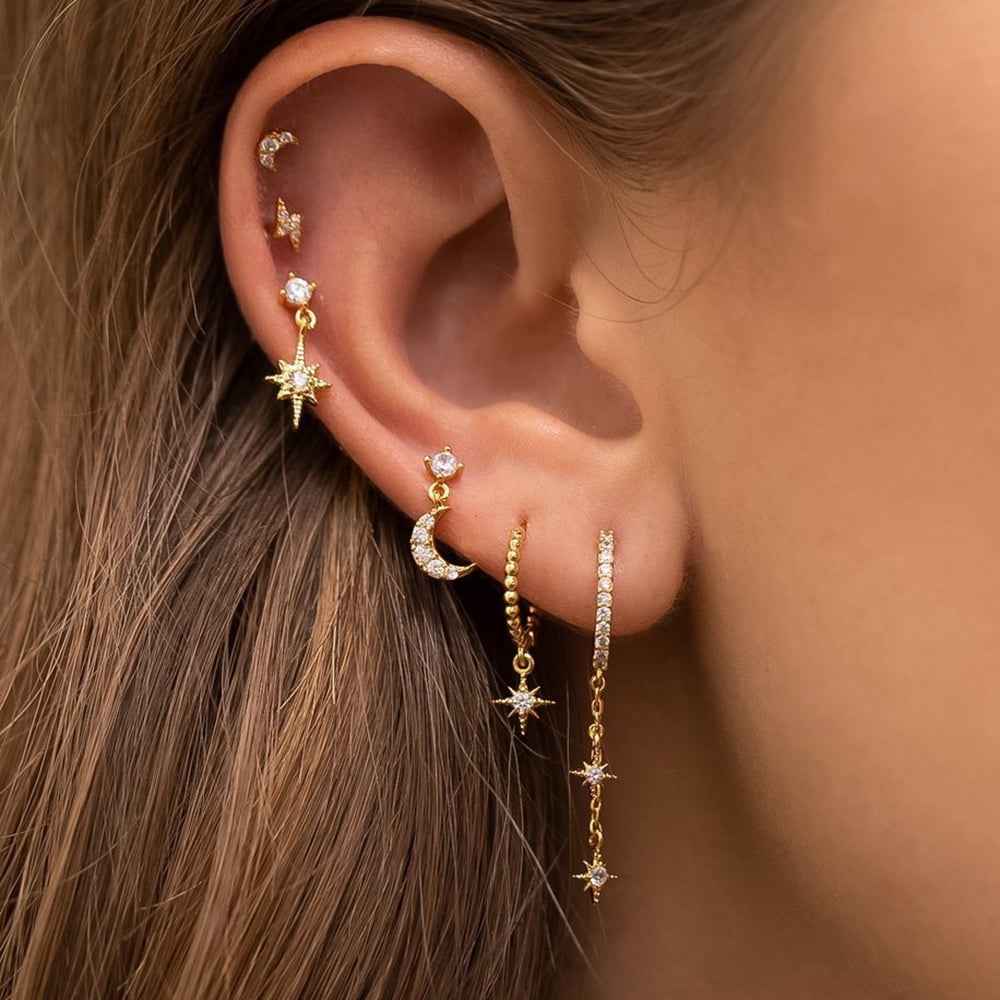 6PCS Fashion Cubic Zirconia Chain Star Moon Hoop Earring Set for Women Stainless Steel Pendant Cartilage Piercing Jewelry Y26004 Gold 6pcs Walmart