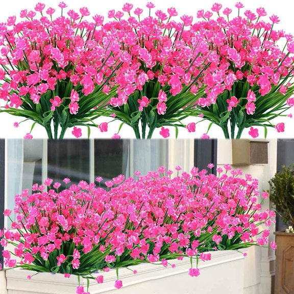 Sinhoon 16 Bundles Fake Artificial Flowers Outdoor for Decoration UV Resistant No Fade Faux Plastic Plants Garden Porch Window Box Décor Kitchen Office Table Vase(Pink)