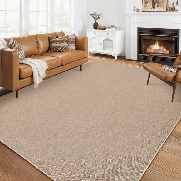 Garvee 9'x12' Modern Solid Color Area Rug Minimalist Woven Textured Carpet, Washable Rug Non Slip Low Pile Indoor Mats for Living Room Bedroom Dining Room, Camel