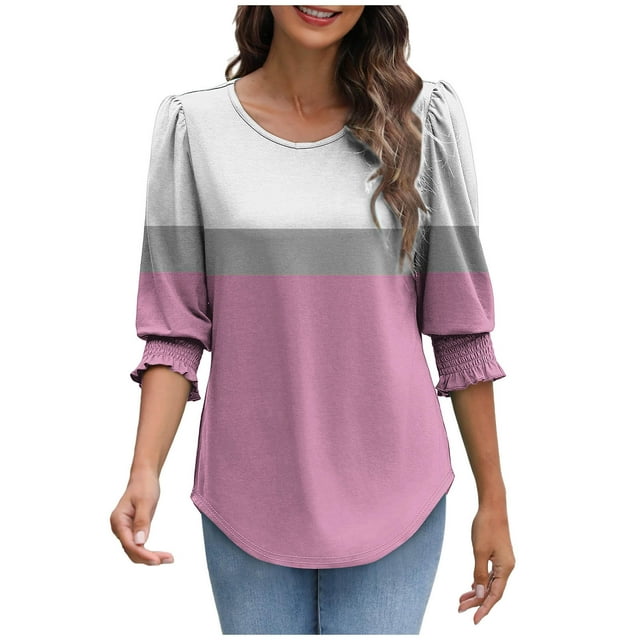 aidice Hauts à Manches 3/4 pour Femmes Col Rond Smocké T-Shirts Confortables à Blocs de Couleur