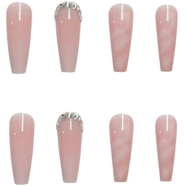 Glossy Press on Nails Extra Long with Designs,Nude Pink Coffin Fake Glue on  Nails,Stick on Nails for Women,Thick nails,Acrylic Nails Press on for Nail  Art Decoration,24PCS (Pattern G) 