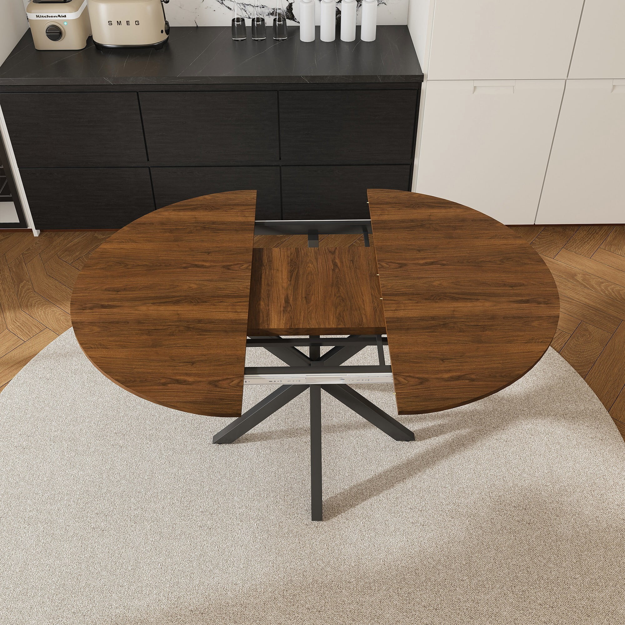 AENKYO 42"-58" Expandable Round Dining Table, Walnut Brown Wood Top & Black X-Base Pedestal, Seats 4-6