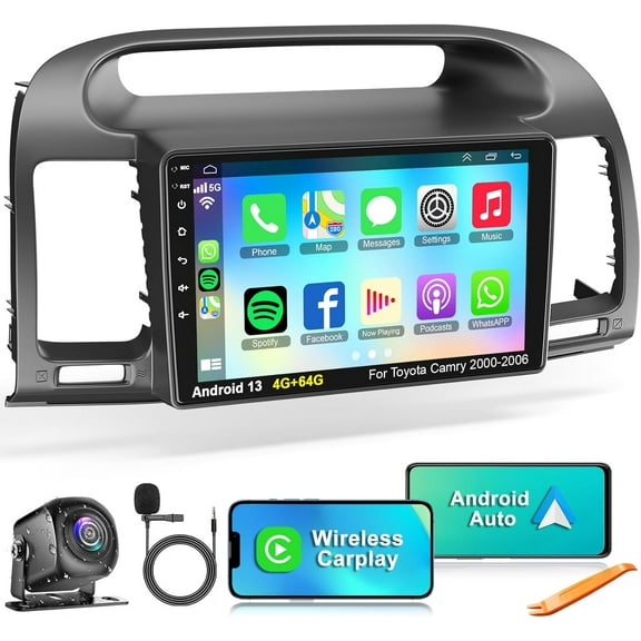 4G 64GB Car Radio for Toyota Camry 2000-2006 with Wireless Carplay & Android Auto, Android 13 Camry Stereo with Voice Control Bluetooth WiFi GPS SWC EQ FM RDS Mirror Link Backup Camera Mic
