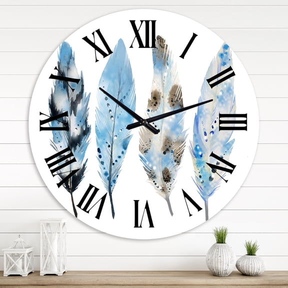Designart 'Blue Boho Feathers I' Bohemian & Eclectic Wall Clock