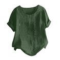 thumbnail image 2 of Pincandy Womens Summer Casual Solid Color Round Neck Short Sleeve Tops Buttons Blouses Summer Vacation Beach Fashion Solid Linen Tops Casual Blouses Western Wear,Army Green,3XL, 2 of 5
