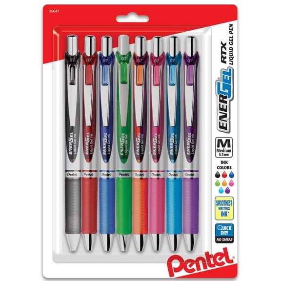 EnerGel RTX Retractable Liquid Gel Pen, (0.7mm) Metal Tip, Medium Line,Assorted Ink (A/B/C/K/F/P/S/V) 8-Pk