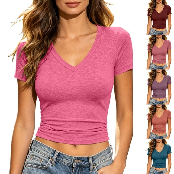 FAVIPT Womens Crop V Neck Tee Short Sleeve Stretchy Lightweight Basic Tops Slim Fitted Breathable Buttery Soft Shirts Hot Pink,M