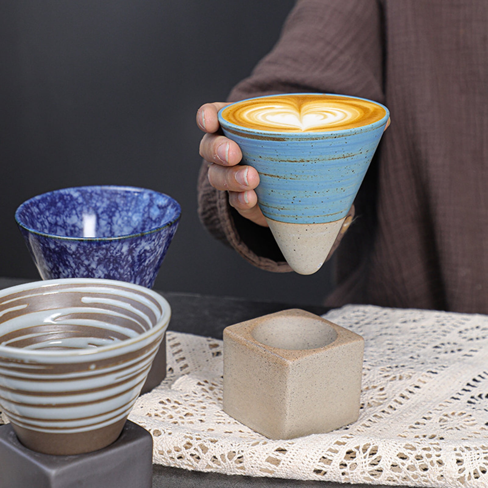 HomeLife 200ML Crude Pottery Funnel Coffee Cup with Base Heat-resistant Handmade Japanese Style Latte Cappuccino Tea Espresso Tapered Mug Birthday Gift