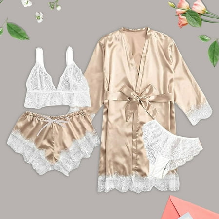 

4-Piece Women Sexy Garter Lingerie Set Robes Lace Bodysuit Deep-V Neck Underwear