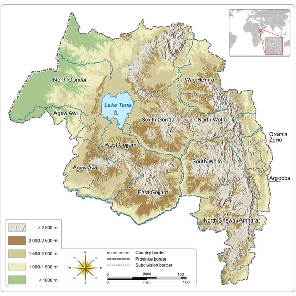 24x24in Elevation map of the Amhara Region in Ethiopia and subdivisions 【Coated Paper】