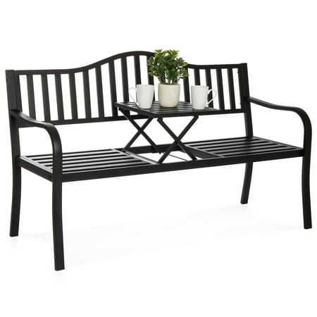 Best Choice Products Cast Iron Patio Garden Double Bench Seat for Outdoor, Backyard w/ Pullout Middle Table, Weather-Resistant Steel