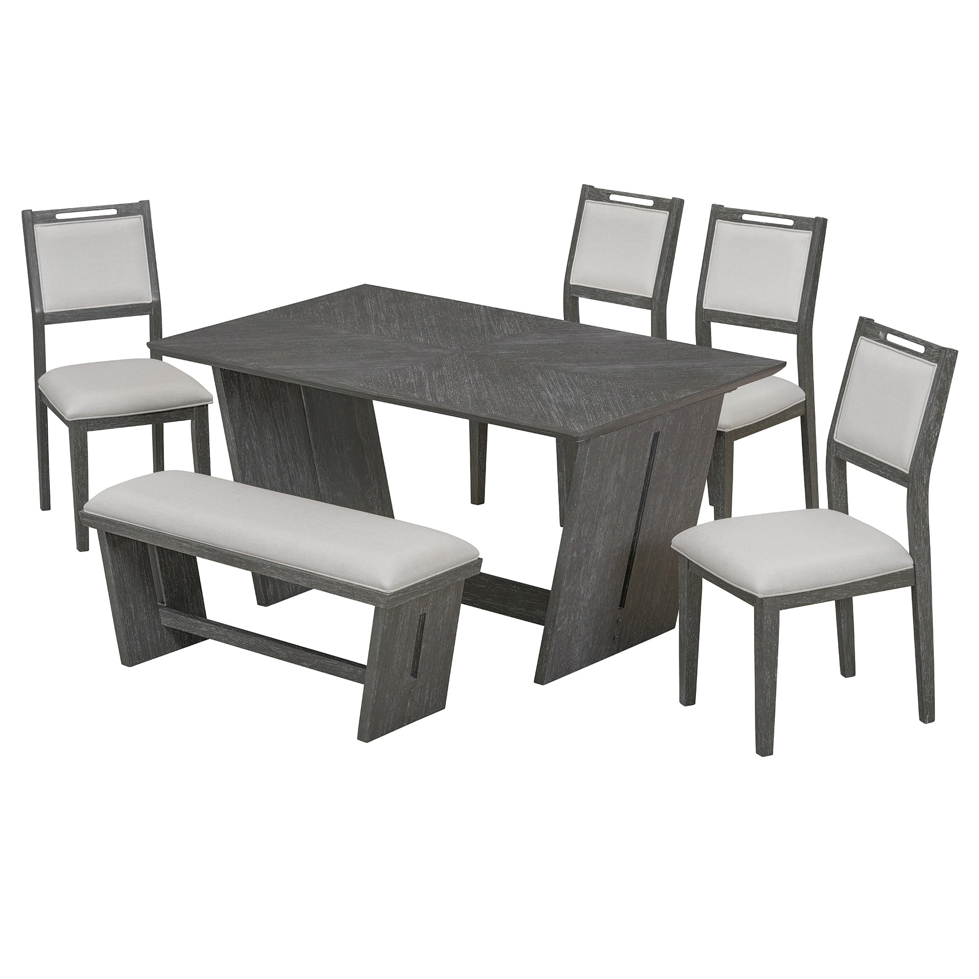 Euroco 6-Piece Dining Table Set for 6, 59.8" Retro Rectangular Kitchen Table with 4 Upholstered Chairs & 1 Bench,Dining Furniture Set for Living Room and Kitchen,Gray