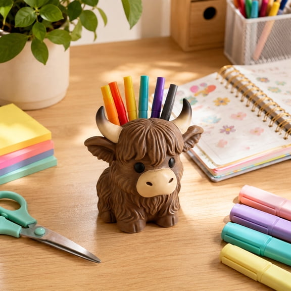 Highland Cow Pen Holder,Made Of Premium 3d Printed Material,Cow Desk Decor Accessories, Desk Stationery Organizer, Cute Makeup Brush Holder For Home, Office, Classroom